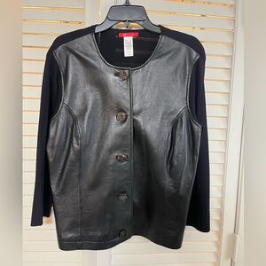 Anne Klein Black Leather Front Jacket with Black Knit Sleeves